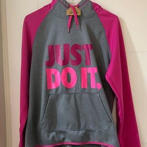 Nike Gray and Pink Hoodie with Bold Text